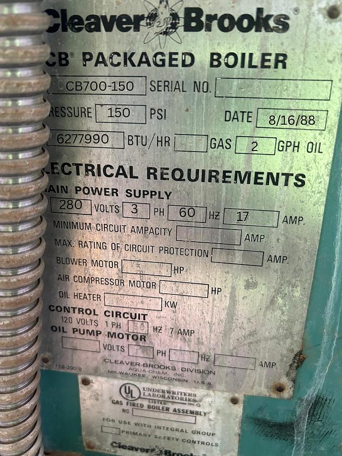 Used 150 HP Cleaver Brooks 150 PSI Steam Boiler Rental 1988 Model CB700-150