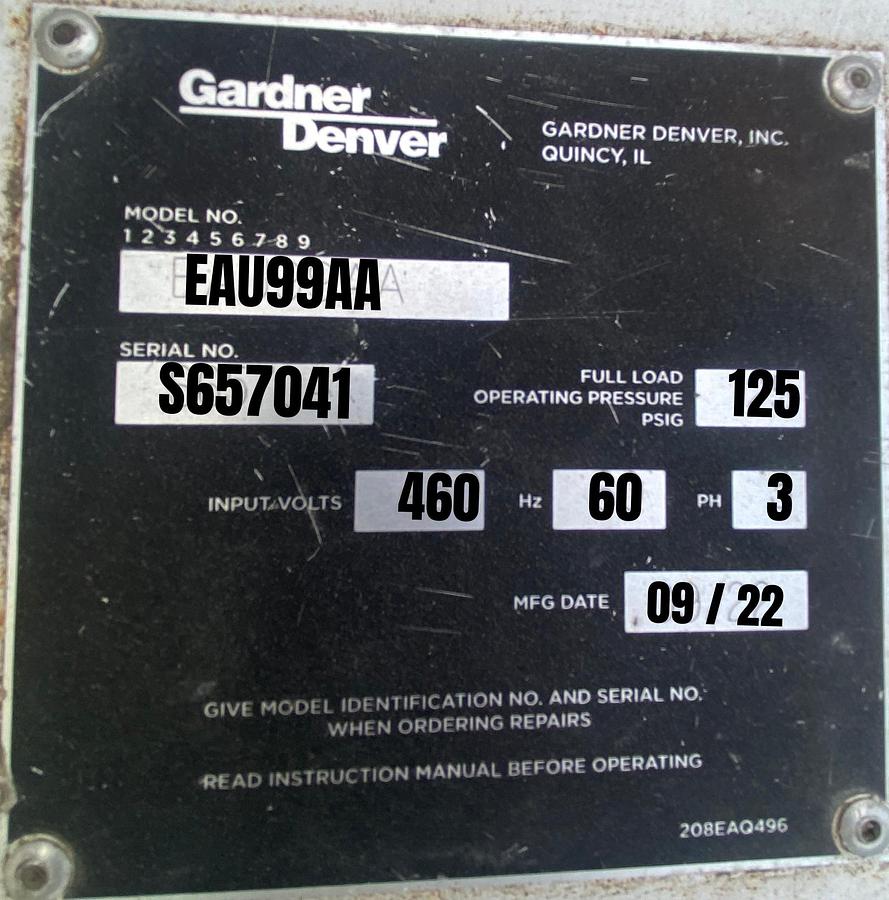 Used Gardner Denver EAU99AA 250 HP 125 PSI Electra-Saver Rotary Screw Air Compressor SN S657041 2022