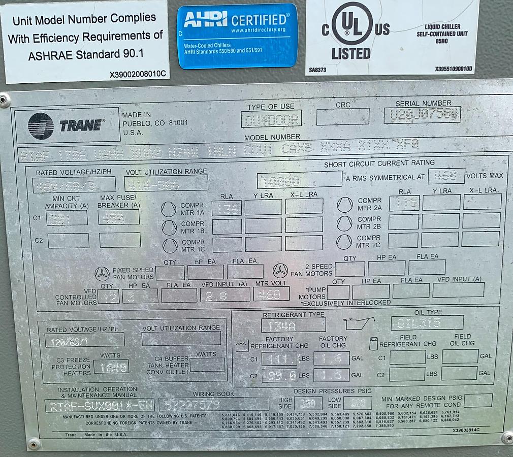 Used Trane 170 Ton Air-Cooled Chiller – RTAF 170E (2021)