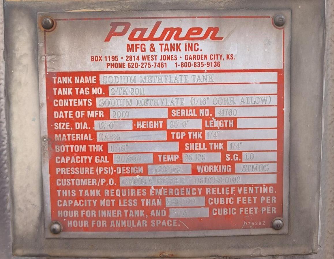 Used Palmer 30,000 Gallon Carbon Steel Sodium Methylate Storage Tank – Model 2-TK-2011 (2007)