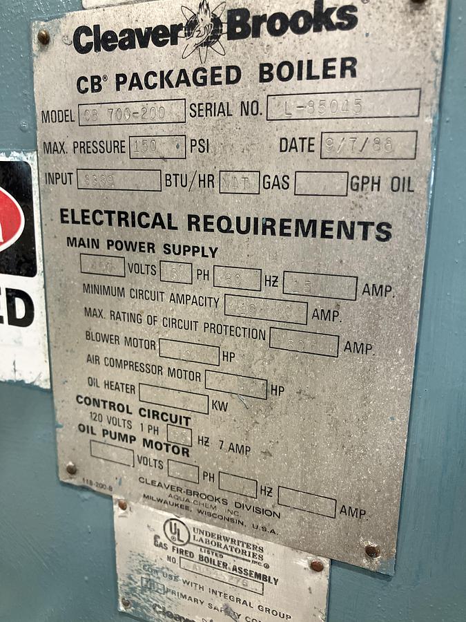 Used Cleaver Brooks 200HP 150PSI Packaged Steam Boiler CB 700-200 Natural Gas 1988