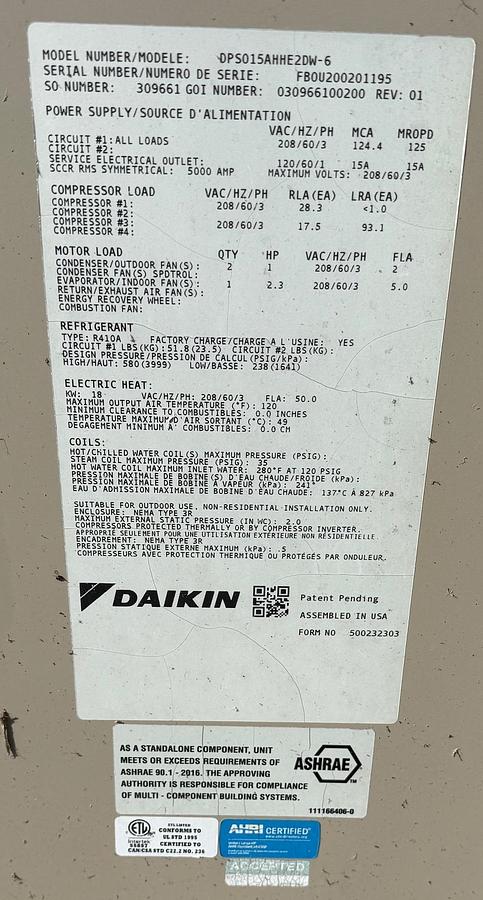 Used Daikin DPS012AHHE2DW-4 & DPS015AHHE2DW-6 Rooftop HVAC Units - 10 & 12.5 Ton Electric Heat (2020)