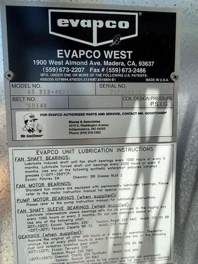 Used Evapco West Model AT 212-4N24 Cooling Tower with Baldor Reliance Super-E Pump Motors S/N 22P124419