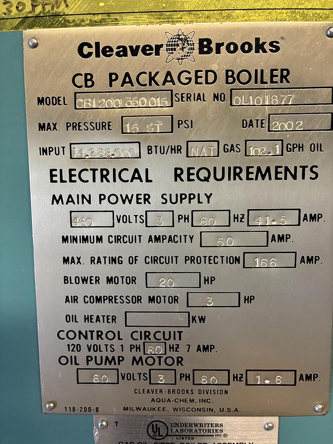 Used 2002 Cleaver Brooks CB 350 HP Steam Boiler – 15 PSI with Advanced Honeywell Controls