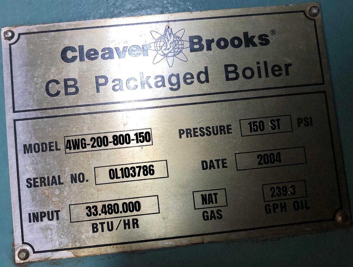 Used Cleaver Brooks 800 HP 150 PSI Commercial Boiler - 4WG-200-800-150 (2004)