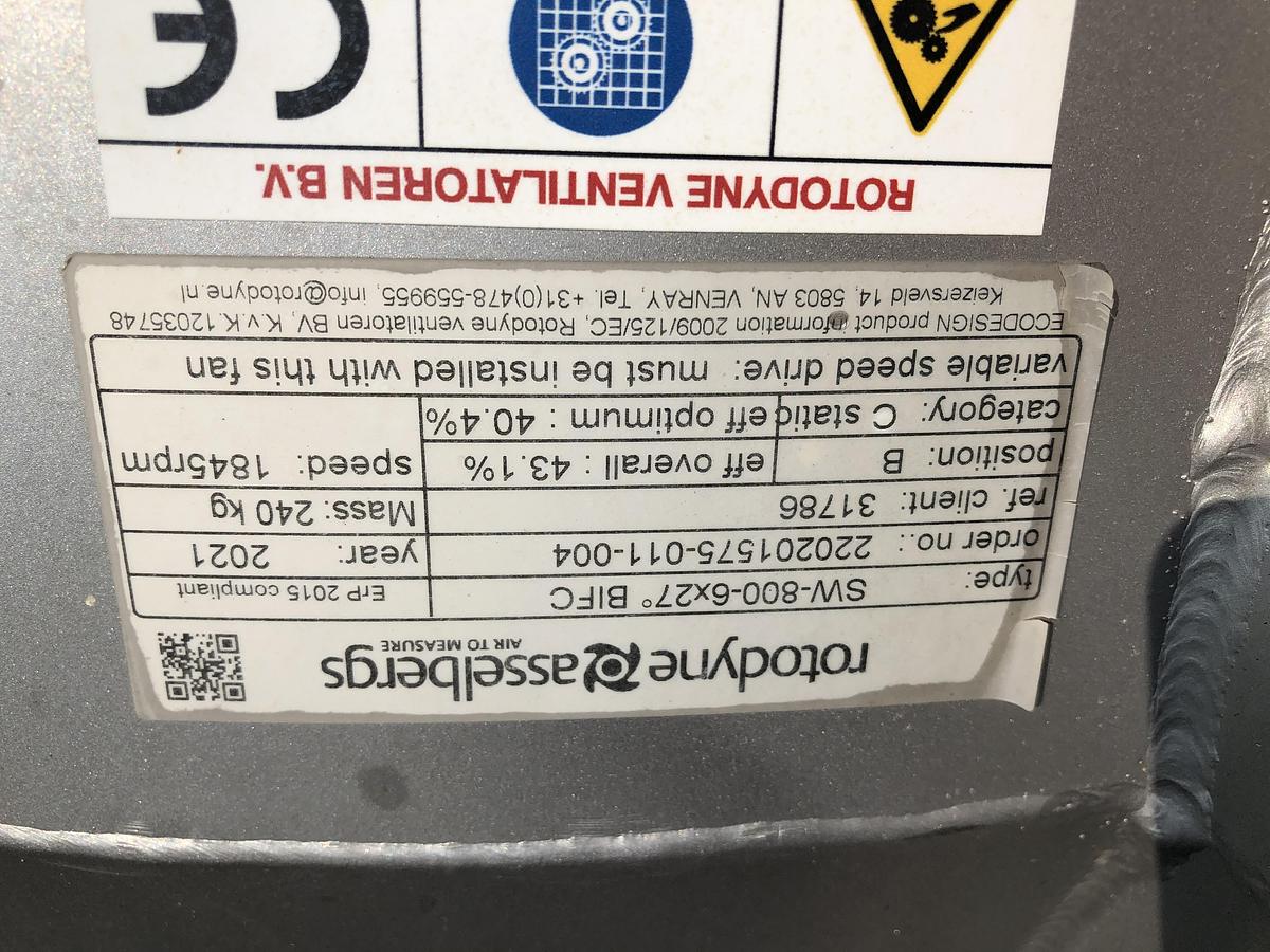 Used Skyplume SW-800-6X27° BIFC Industrial Exhaust Fan with Vertical Discharge Stack (2021)