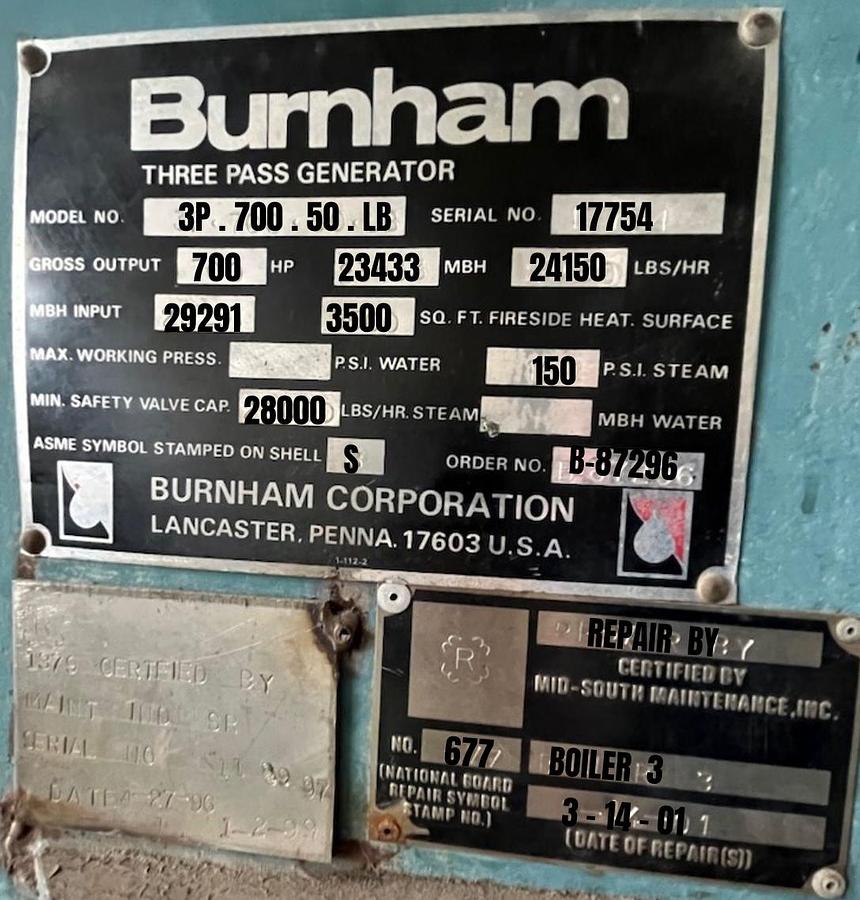 Used Burnham 700 HP 150 PSI Industrial Steam Boiler - 3P-700-50-LB with Cleaver Brooks Controls