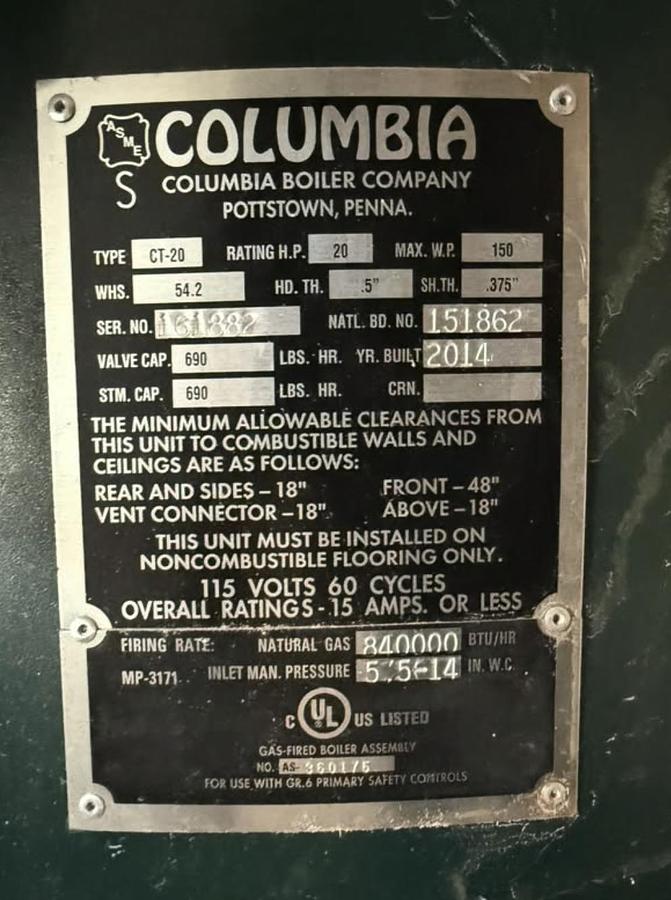 Used Used 2014 Columbia 20HP 150PSI Steam CT-20