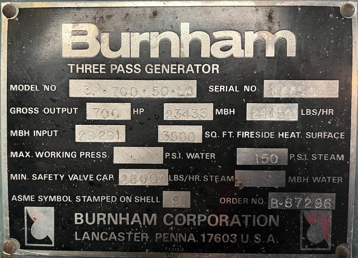 Used Burnham 700 HP 150 PSI Industrial Steam Boiler - 3P-700-50-LB with Cleaver Brooks Controls