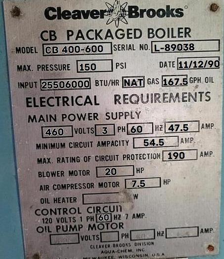 Used 600 HP Cleaver Brooks 150 PSI Steam Boiler 1990 Model CB 400-6...