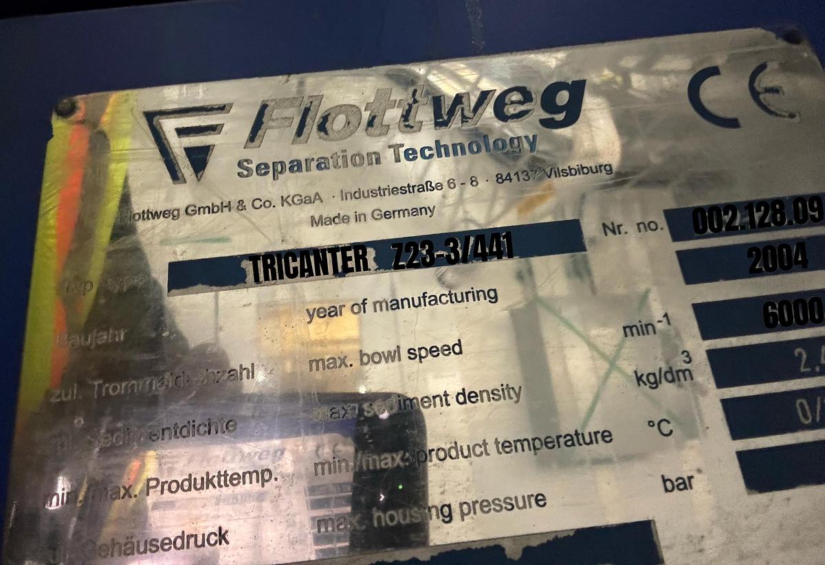 Used Flottweg Z23-3/441 Solid Bowl Tricanter Centrifuge - 6000 RPM Three-Phase Separator (2004)