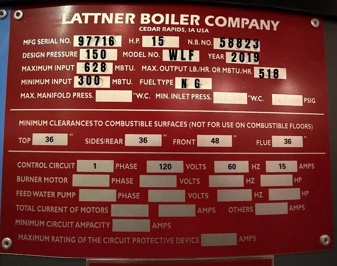Used 2019 Lattner Boiler Company 15 HP Natural Gas Steam Boiler System — Model WLF — S/N 97716 — Complete System with Feedwater Tank, Condensate Receiver & Controls