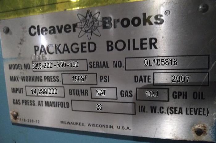 Used 350 HP Cleaver Brooks 150 PSI Steam Boiler 2007 Model CBLE-200-350-150