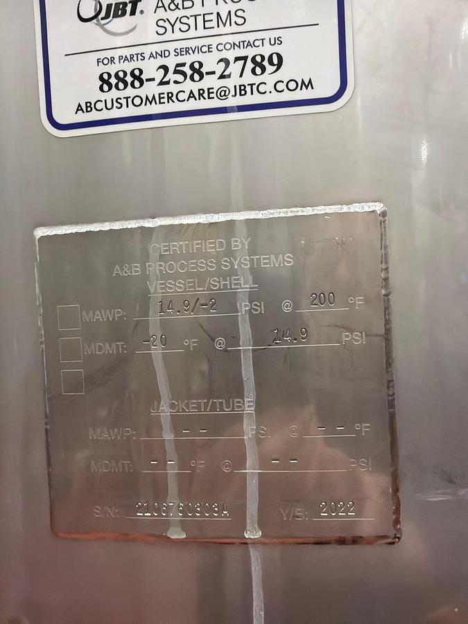 Used 2022 JBT A&B Process Systems Stainless Steel Jacketed Tank with Mixer — MAWP 14.9 PSI @ 200°F — S/N 2106760303A