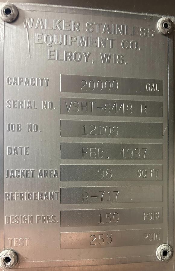 Used Walker Stainless 20,000 Gallon Jacketed Stainless Steel Storage Tanks SA240/T316L R-717 Lot of 4 1997