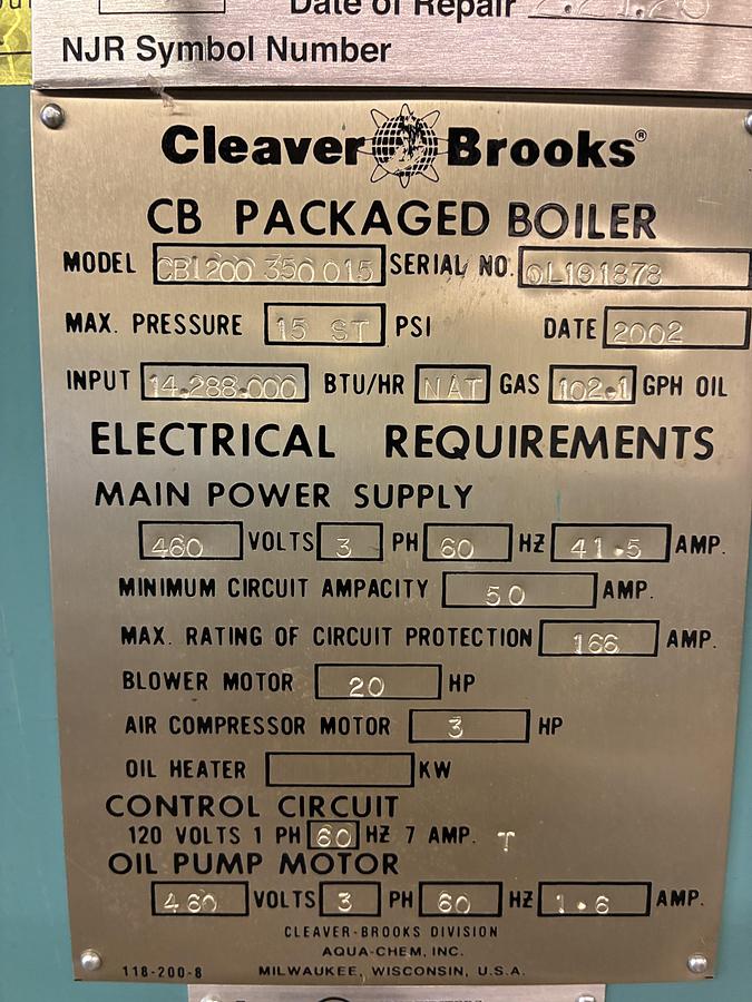 Used Cleaver Brooks CB 350 HP 15 PSI Steam Boiler – 2002 