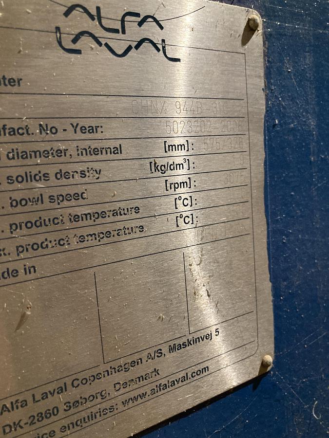 Used Alfa Laval CHNX 944B-31G Industrial Decanter Centrifuge - 480V 3-Phase 100 HP Main Drive (2006)
