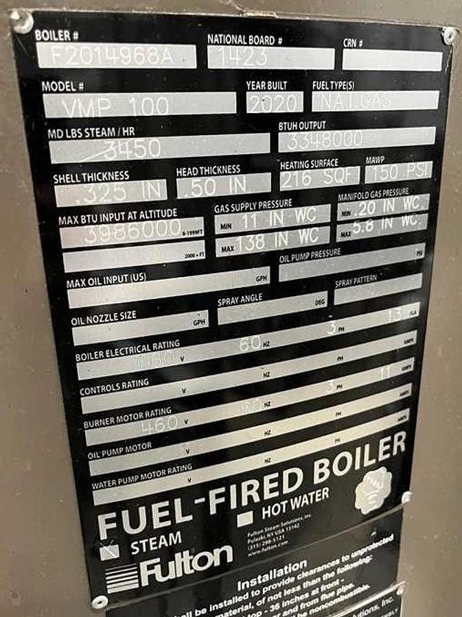 Used Fulton VMP 100 100HP 150PSI Vertical Multi-Port Steam Boiler with Condensate Return Tank - 2020