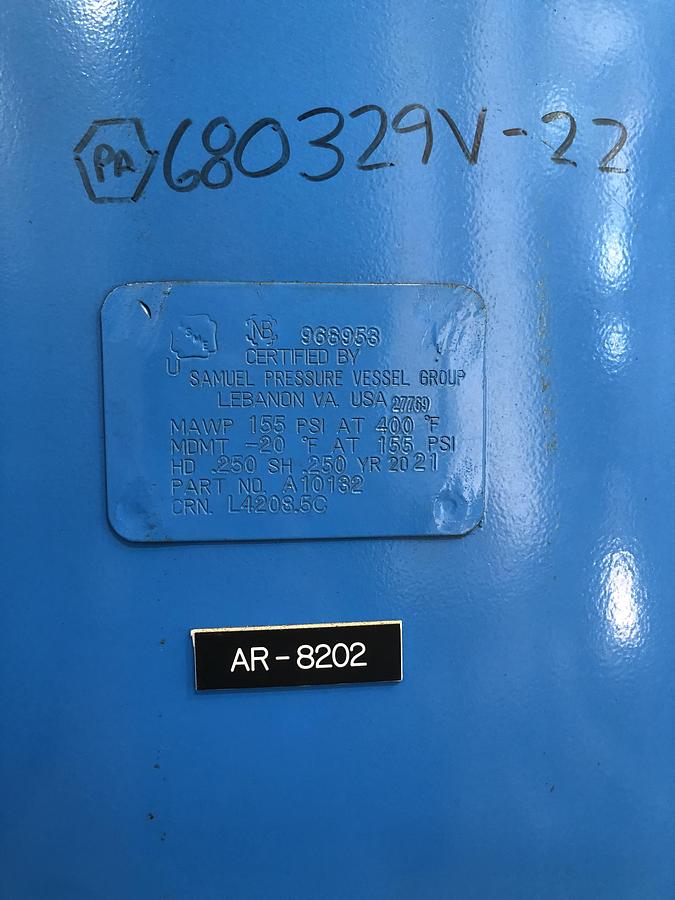 Used Samuel Pressure Vessel Air Receiver Tank AR-8201