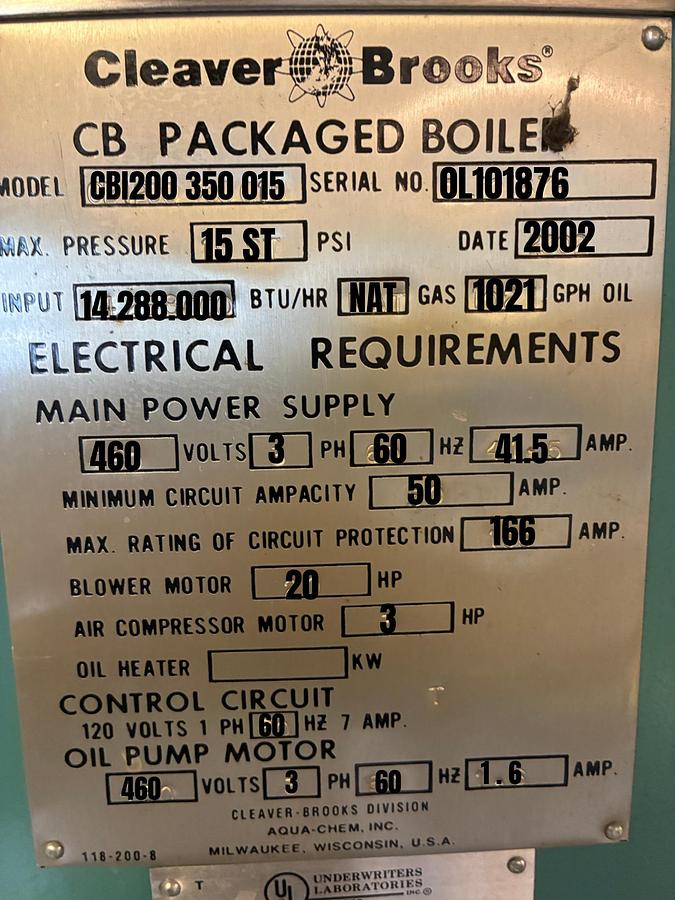 Used 2002 Cleaver Brooks CB 350 HP Steam Boiler – 15 PSI (Recently Serviced)