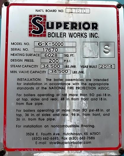 Used 2014 Superior Boiler Model 8-X-5000