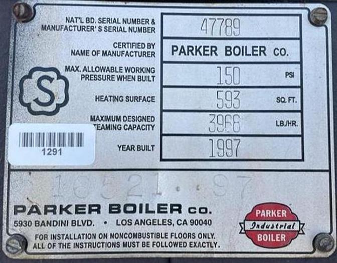 Used 110 HP Parker Boiler Co. Steam Boiler 1997 Model 105-115