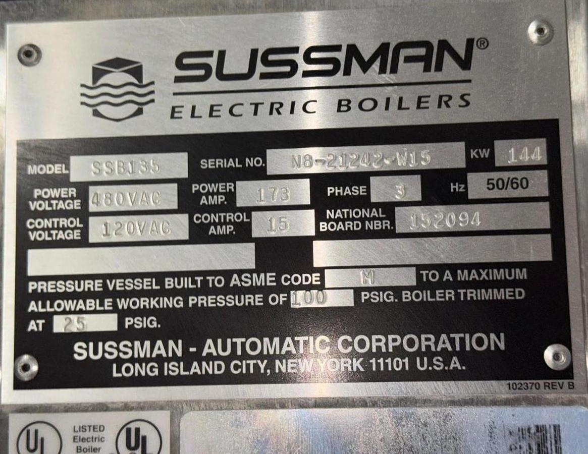 Used Sussman SSB135 Electric Steam Boiler - 144 kW, 480V 3-Phase, 500 lb/hr, ASME, Stainless Steel (2015)