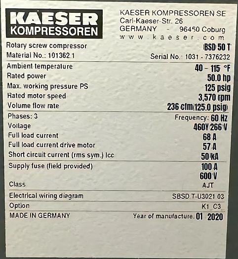 Used 50 HP Kaeser 125 PSI Air Compressor 2020 Model BSD 50 T