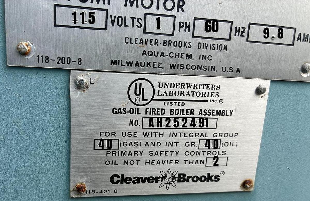 Used 1992 Cleaver Brooks CB-200-150 150 HP High Pressure Steam Boiler Natural Gas Oil Fired 150 PSI S/N L 91225 National Board No. 03010