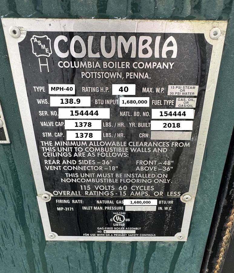 Used Columbia Boiler MPH-40 Horizontal Firebox Steam Boiler 40 HP Low Pressure Natural Gas Power Flame JR30A-13 Burner Built 2018
