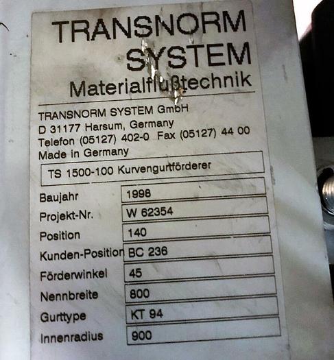 Gebraucht TRANSNORM Kurvengurtförderer Transnorm 45° Rechts TS 1500-100