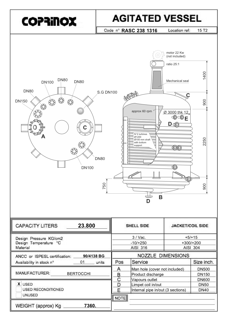 Usato Reattore BERTOCCHI da 23800 Litri