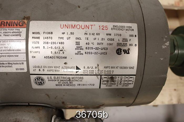 Used Us Electric 1.5 Hp Ac Motor 460 Volt, 1755 Rpm #36705