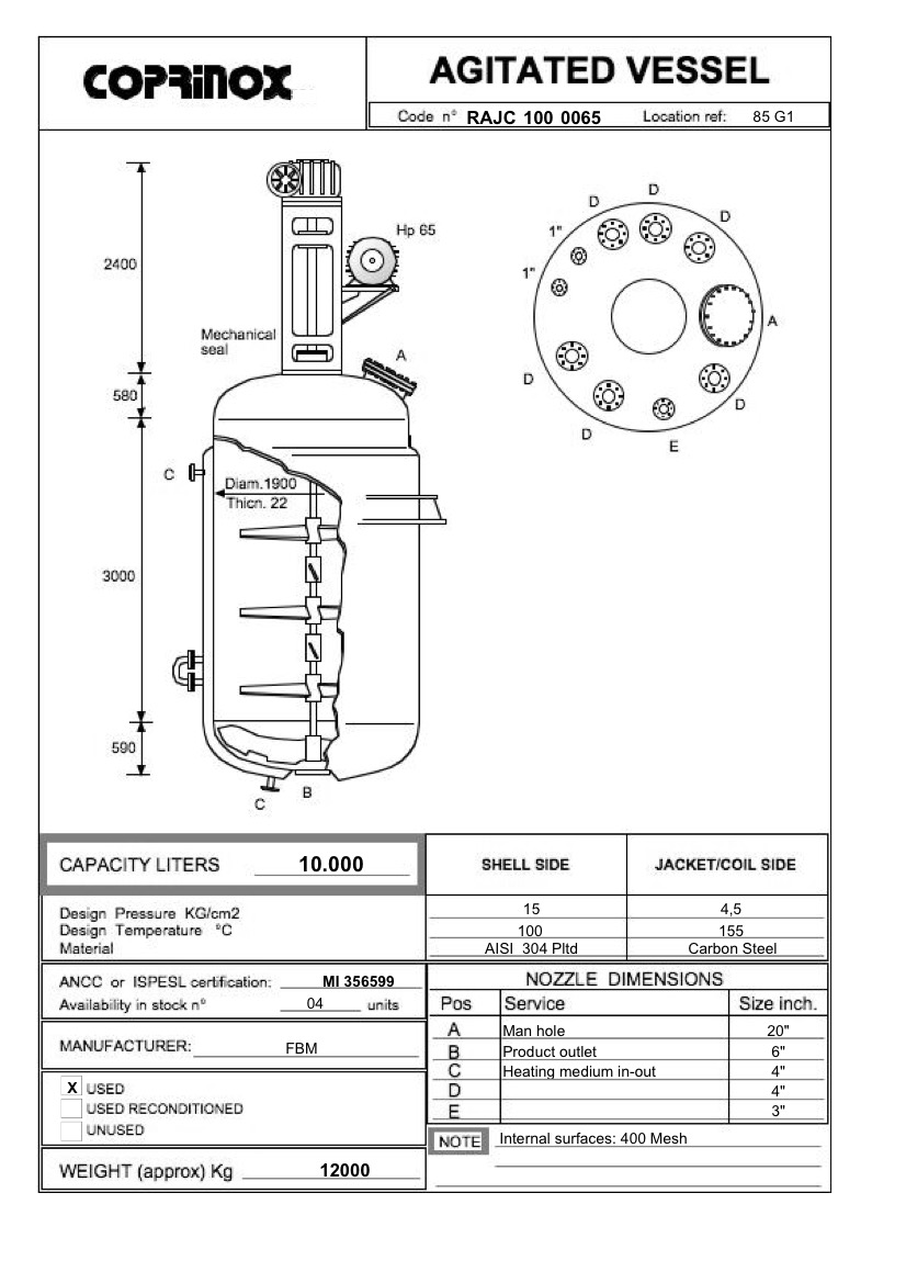 Used 10000 Liters FBM reactor