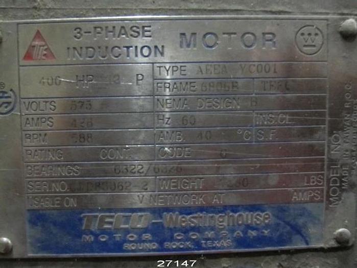 Used Teco  Motor, 400Hp, 575V, 588Rpm, Frame 6806B, S.F, 1.15 #27147