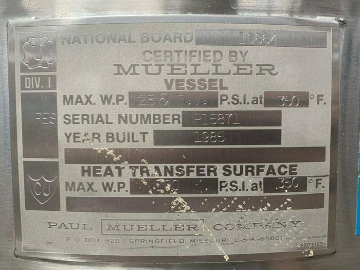 Used Paul Mueller 375 Liter Jacketed Stainless Steel Bioreactor 100 PSI