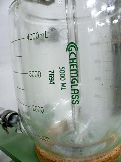 Used Chemglass 5 Liter Jacketed Glass Reactor w/ Chemglass Digital overhead Stirrer