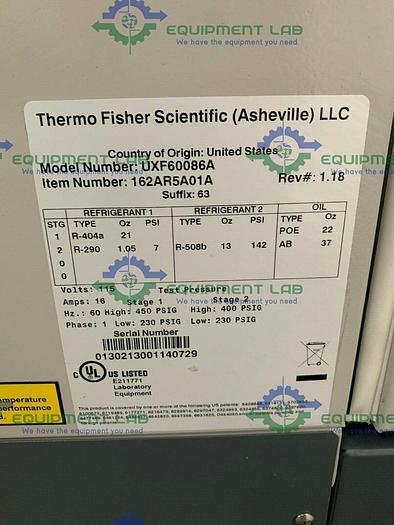 Used Thermo Revco UXF60086A -86 ºC Laboratory Freezer 28.8 CU FT 115V