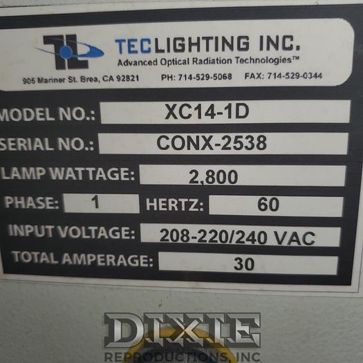 Used TEC Lighting XC14-1D  UV Coater