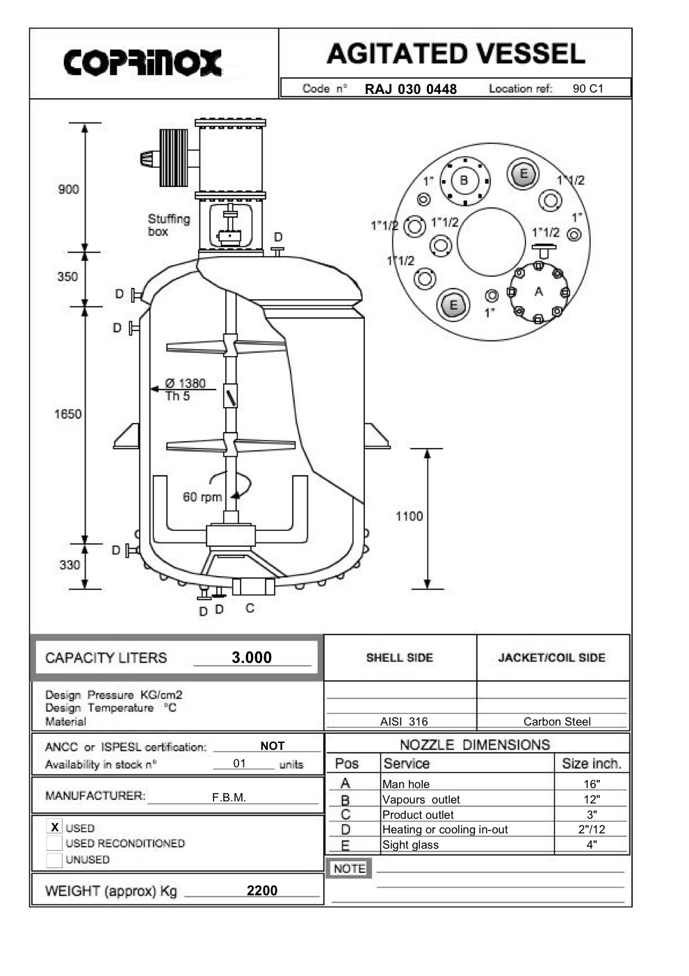 Usato Reattore F.B.M. da 3000 Litri