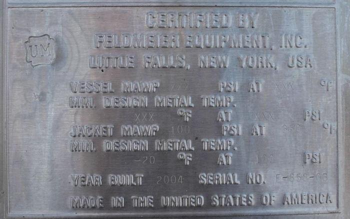 Refurbished 1,500 GALLON FELDMEIER DOME TOP FLAT PITCHED BOTTOM JACKETED PRESSURE WALL PROCESSOR - 316 S/S