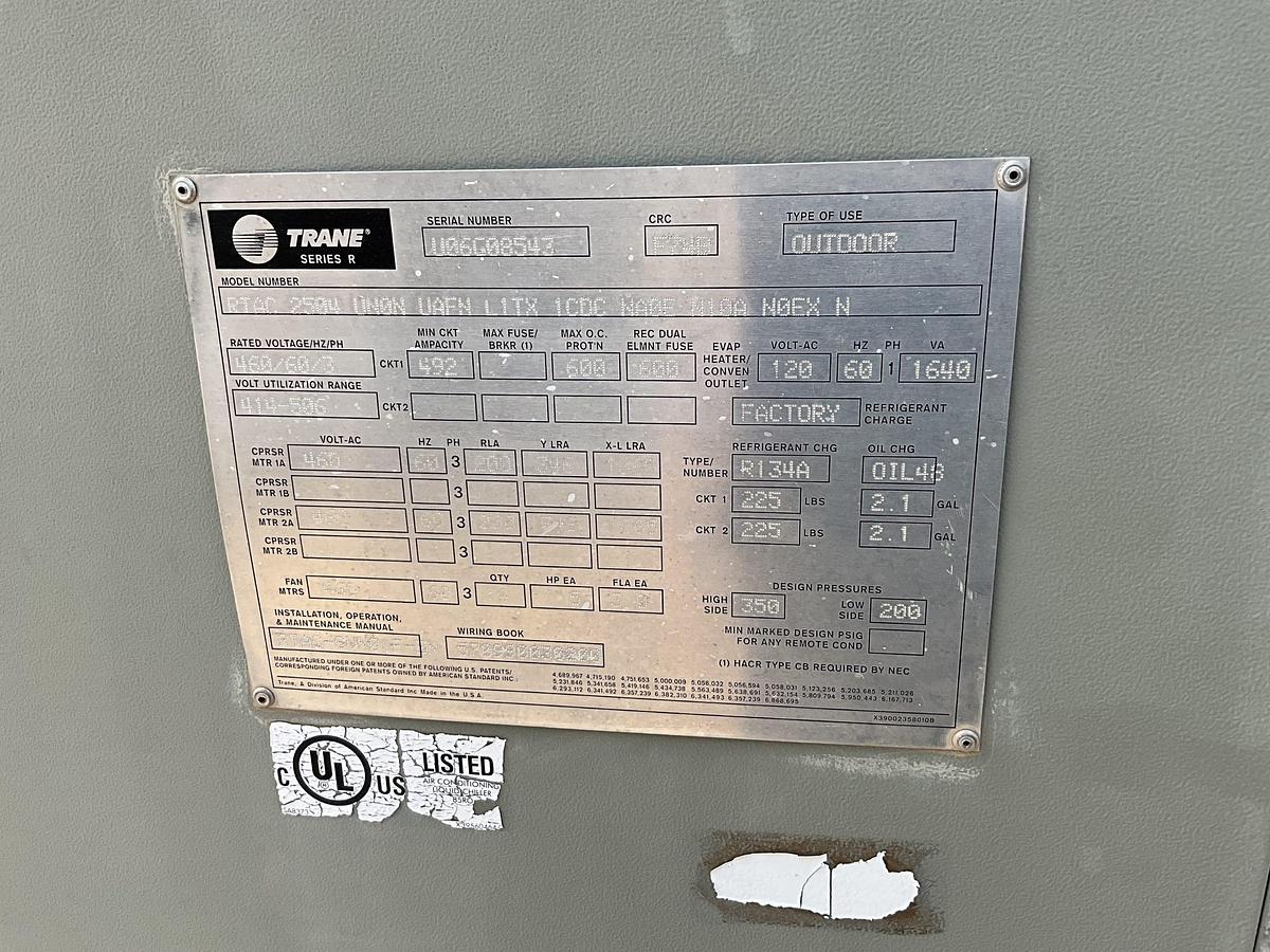 Used TRANE- 250 Ton Air Cooled Chiller