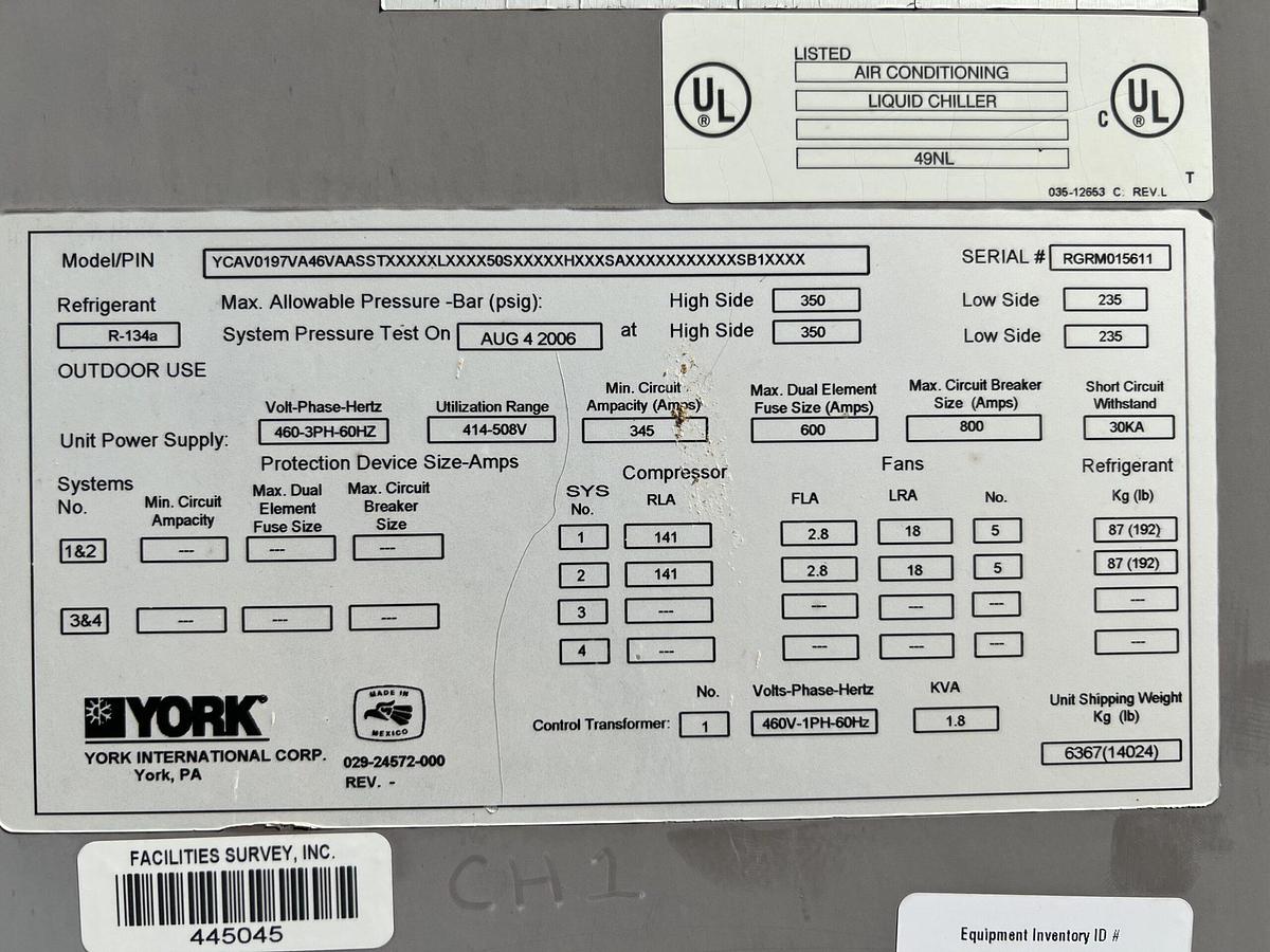 Used YORK – Used 195 Ton High Efficiency Air Cooled Chiller