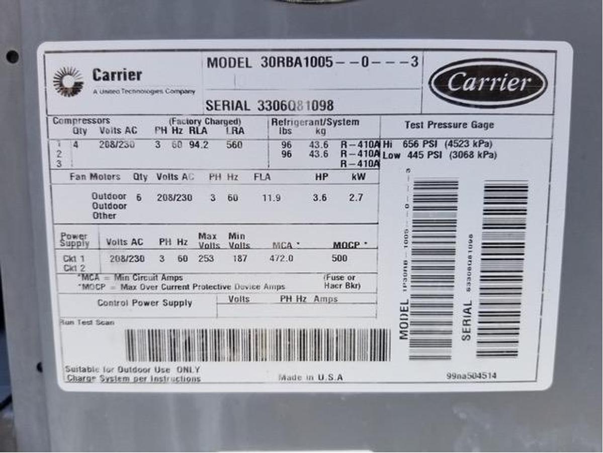 Used CARRIER  – Used 100 Ton Air Cooled Chiller