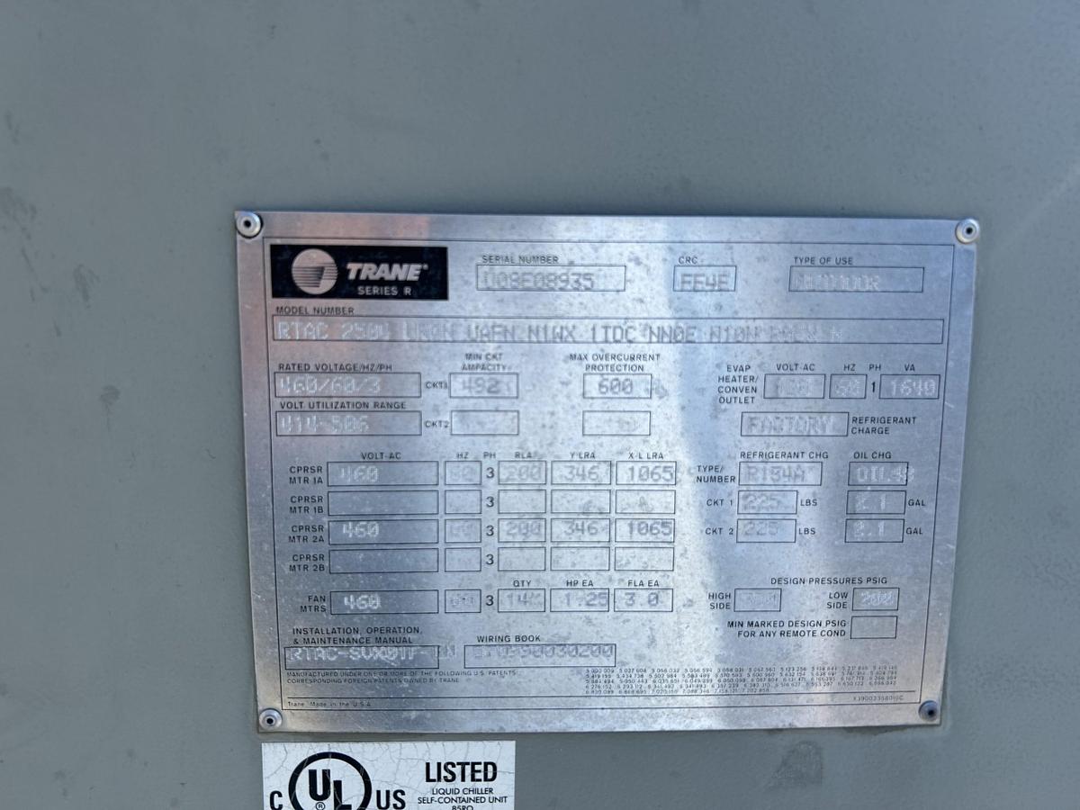 Used TRANE – 250 Ton Air Cooled Chiller