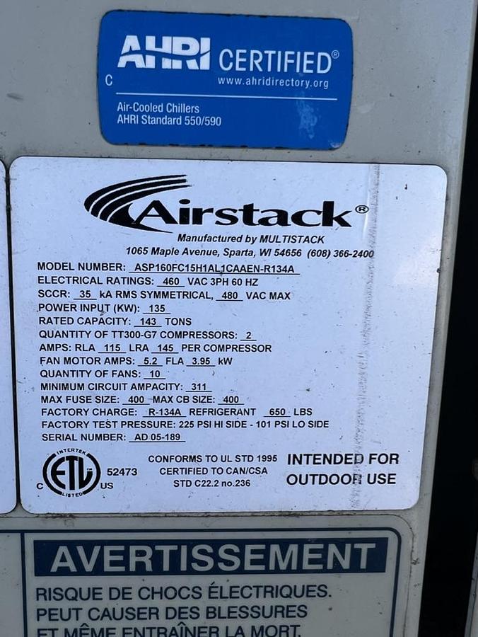Used MULTISTACK – Used Airstack 160 Ton Air Cooled Chiller