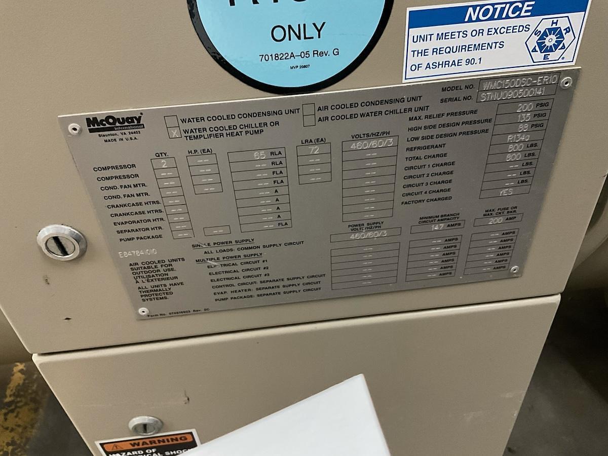 Used MCQUAY – 150 Ton Water Cooled Chiller