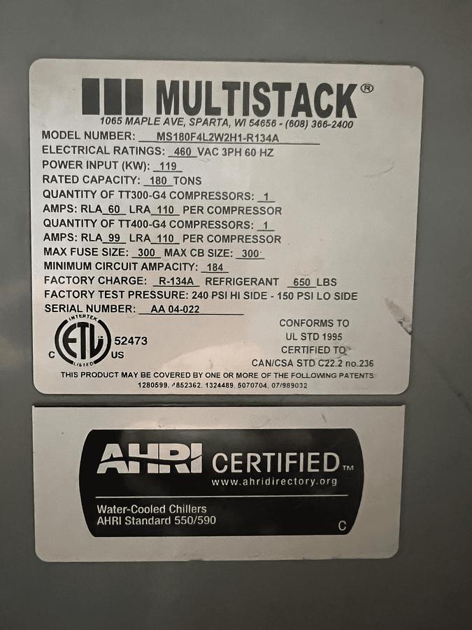 Used MULTISTACK – Used 180 Ton Water Cooled Chiller