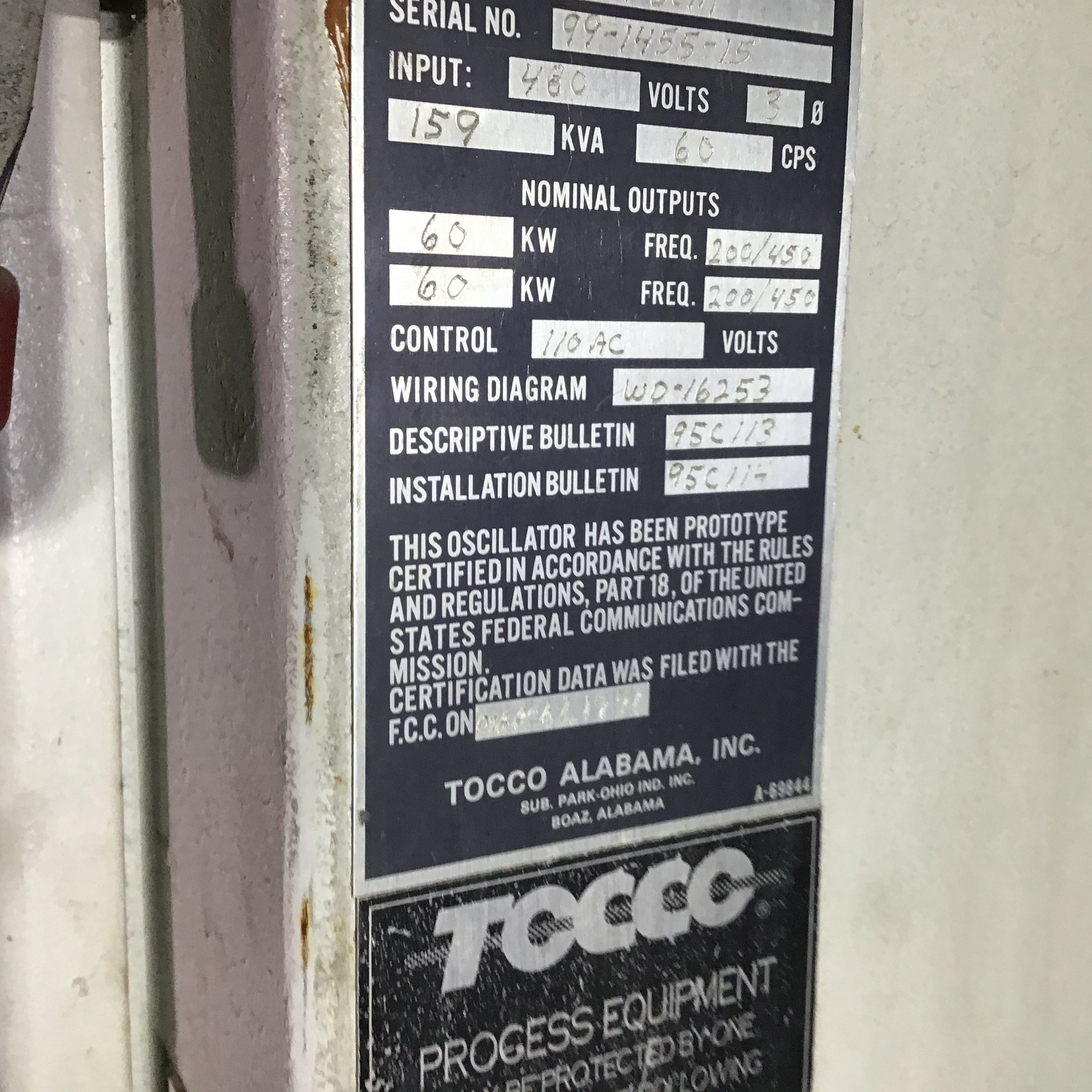 Used Tocco Model 5EA-60M Induction Hardening Machine; S/N 99-1455-15