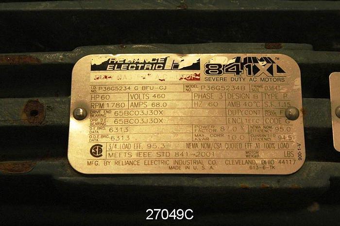 Used Reliance Reliance, Ac Motor 60 Hp, 364T Frame, 460 Volts, 1780 Rpm. #27049